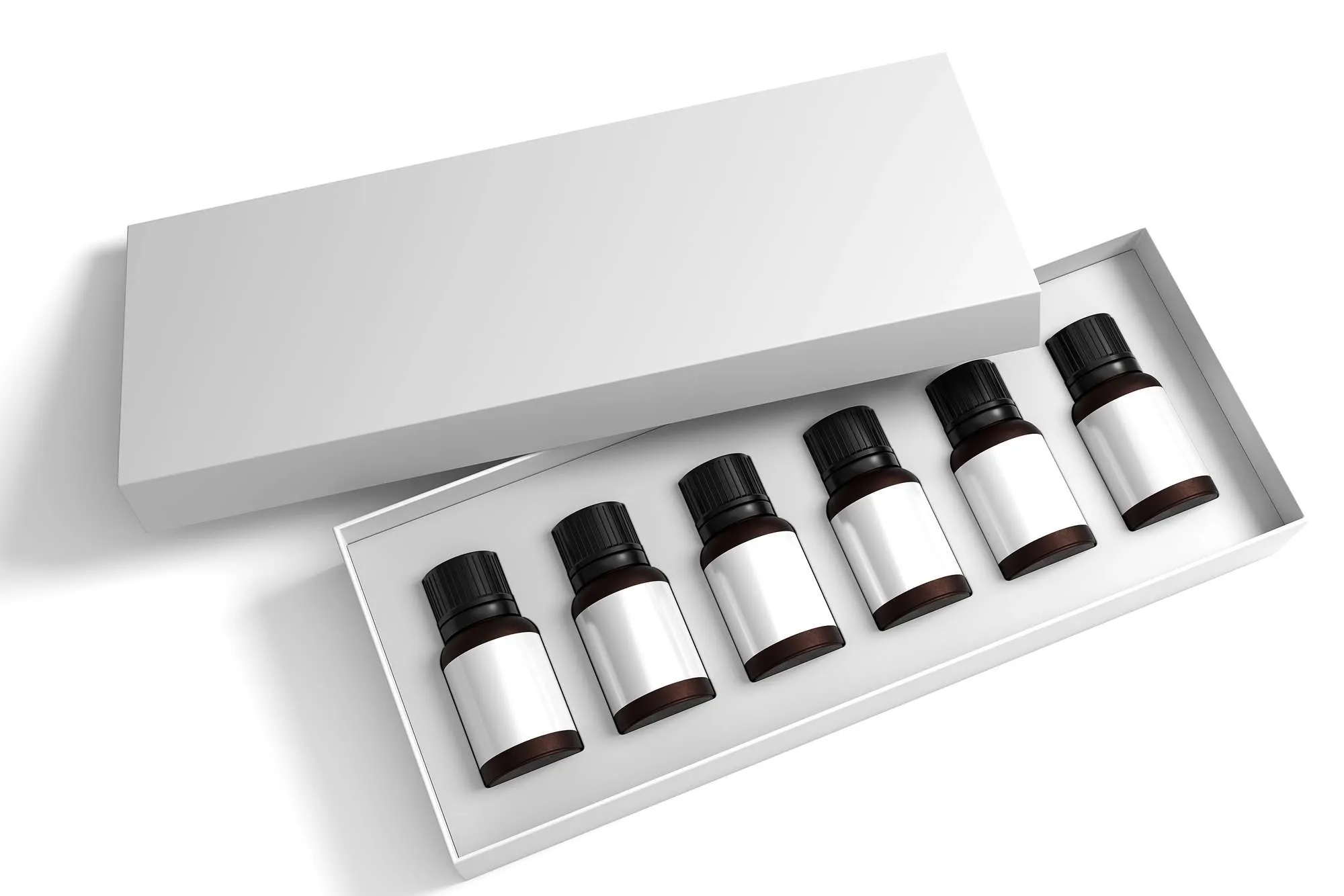 A rectangular box that contains a row of oil small bottles, 3d render